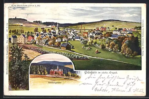 Lithographie Grünhain im sächs. Erzgeb., Gesamtansicht, Genesungsheim