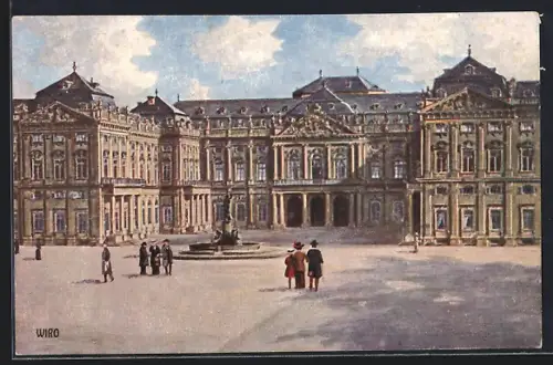 Künstler-AK Würzburg, Residenz mit Luitpoldbrunnen