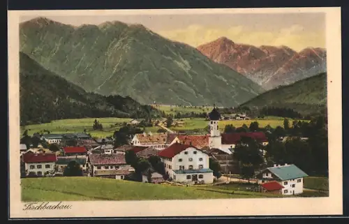 AK Fischbachau, Ortsansicht mit Kirche und Alpenpanorama