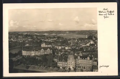 AK Kiel, Blick vom Rathausturm auf Stadt und Hafen