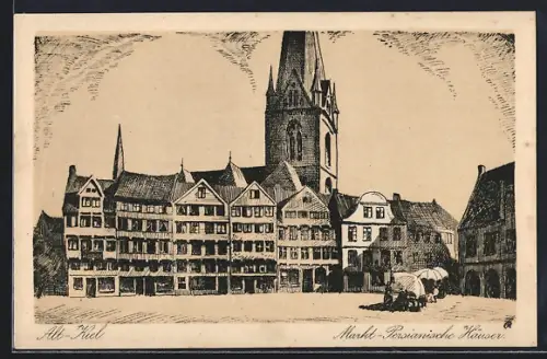 Künstler-AK Kiel, Markt, Persianische Häuser
