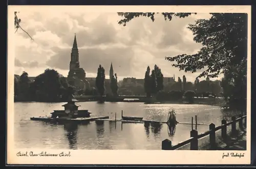 AK Kiel, Am Kleinen Kiel, Wasseransicht mit Kirche und Springbrunnen