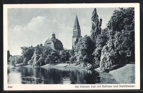 AK Kiel, Am Kleinen Kiel mit Rathaus und Stadttheater