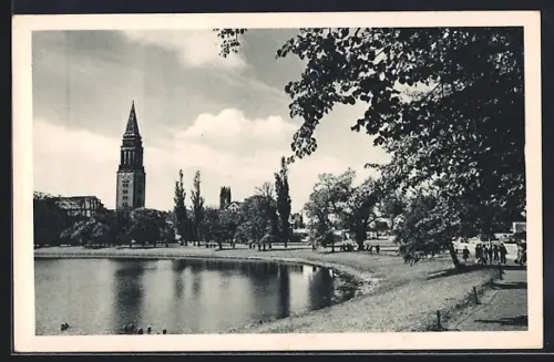 AK Kiel, Blick auf den Rathausturm, Uferpromenade
