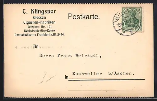 AK Giessen, Cigarren-Fabriken C. Klingspor, Geschäftskorrespondenz 1914