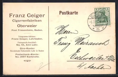 AK Oberweier / Friesenheim, Cigarrenfabriken Franz Geiger, Zahlungsbestätigung
