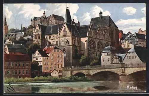 AK Marburg, Elisabethkirche, Schloss, Brücke