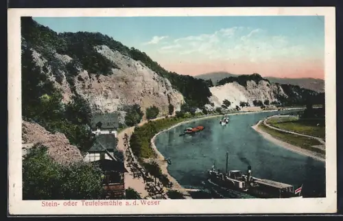 AK Dölme, Stein- oder Teufelsmühle a. d. Weser, Flusslandschaft, Dampfschiff, Felsen