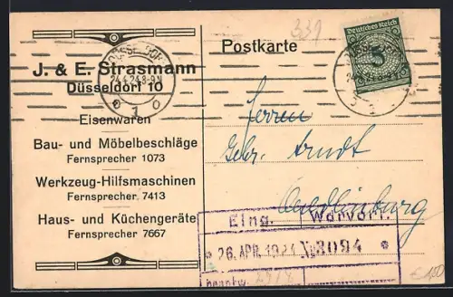 AK Düsseldorf, Geschäftspostkarte J. & E. Strasman, Eisenwaren, Bau- und Möbelbeschläge, 1924