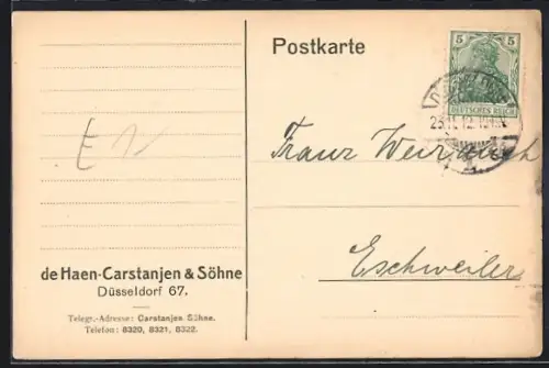 AK Düsseldorf, De Haen-Carstanjen & Söhne, Geschäftskarte, 1912