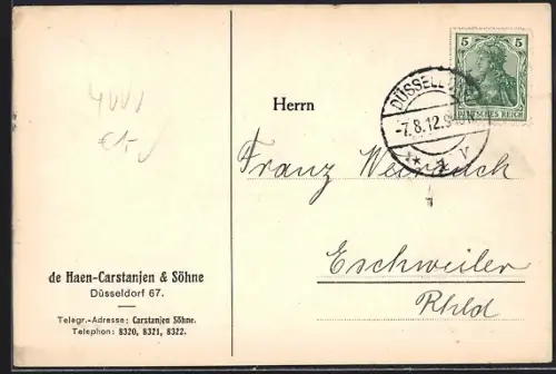 AK Düsseldorf, Angebot für Himbeer-Muttersaft von de Haen-Carstanjen & Söhne, 1912