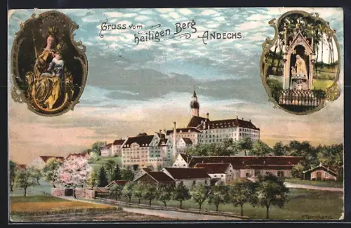 Künstler-AK Andechs, Heiliger Berg, Kloster, Marienstatue, Heiligenfigur
