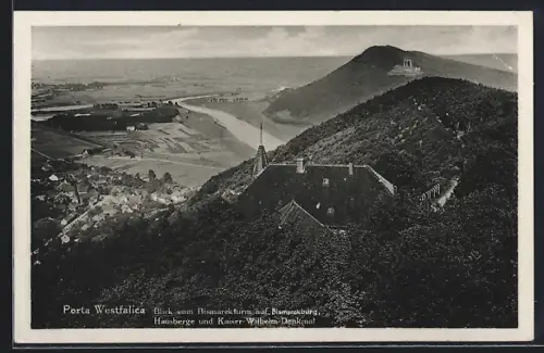 AK Porta Westfalica, Blick vom Bismarckturm auf Bismarckburg, Hausberge und Kaiser-Wilhelm-Denkmal