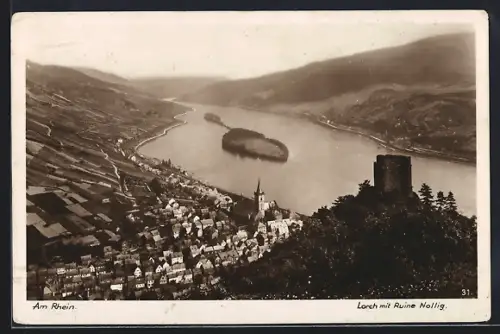 AK Lorch / Rhein, Ortspanorama mit Ruine Nollig