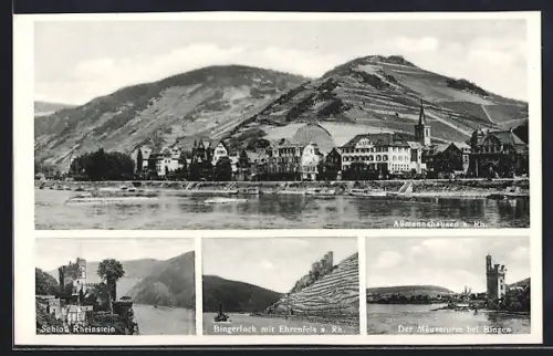 AK Assmannshausen a. Rh., Schloss Rheinstein, Bingerloch mit Ruine Ehrenfels, Mäuseturm bei Bingen