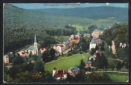 AK Schlangenbad, Strassenpartie mit Kirche v. Wilhelmsfels