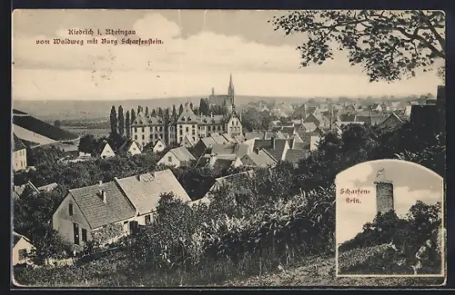 AK Kiedrich, Burg Scharfenstein, Blick vom Waldweg auf die Stadt