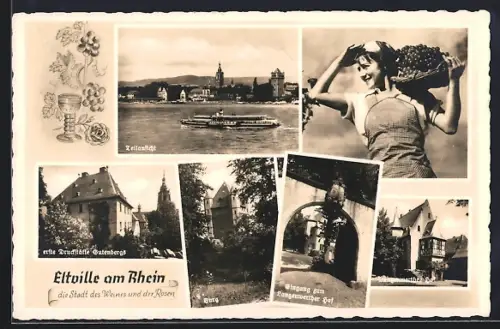 AK Eltville am Rhein, Hotel Langenwerther Hof, Erste Druckstätte Gutenbergs, Burg