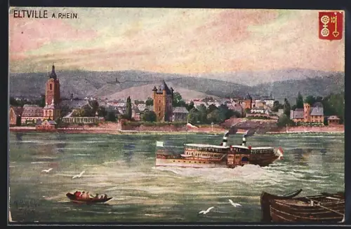 Künstler-AK Eltville, ein Dampfer auf dem Rhein, Blick zum Turm