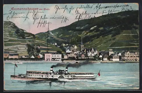 AK Assmannshausen am Rhein, Teilansicht mit Dampfer