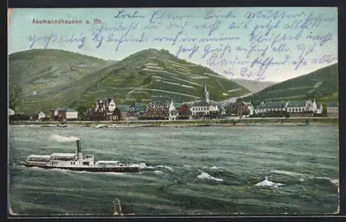 AK Assmannshausen a. Rh., Uferpartie mit Dampfer