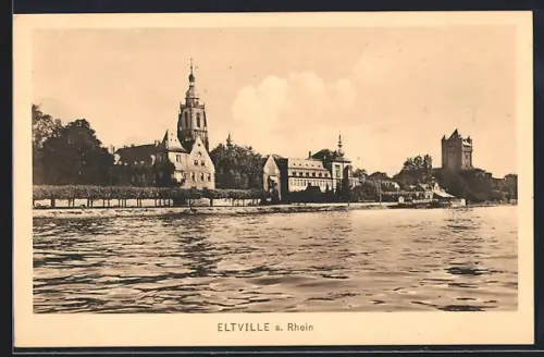 AK Eltville a. Rhein, Uferpartie mit Turm