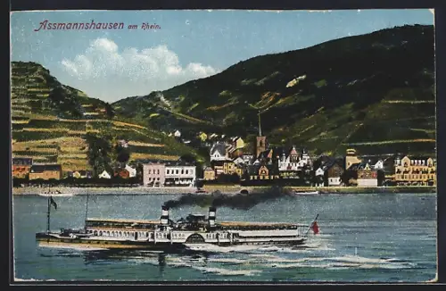 AK Rüdesheim am Rhein, Dampfer vor der Stadt