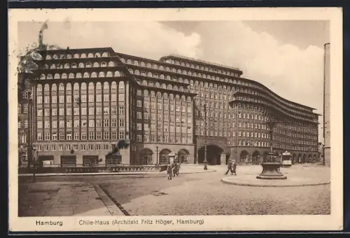 AK Hamburg-Kontorhausviertel, Chile-Haus mit Strassenbahn