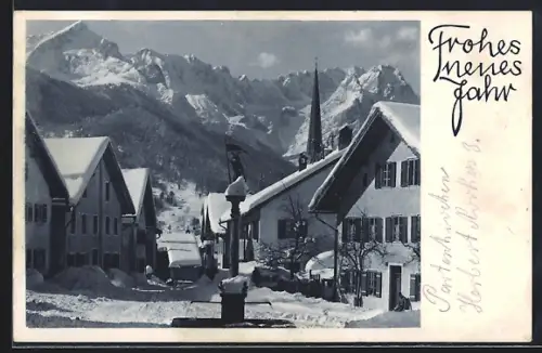 AK Partenkirchen, Floriansplatz mit Zugspitzgruppe im Schnee, Neujahrsgruss
