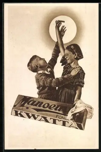 AK Reklame Kwatta Manoeuvre chocolaad, Zwei Kinder mit einer Tafel Schokolade