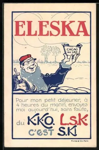 Künstler-AK Reklame Eleska Cacao au Lait, Soldat mit einer Schale Kakao