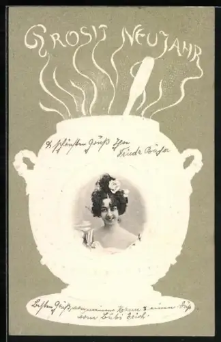 AK Tänzerin im Porträt, Saharet, Prosit Neujahr