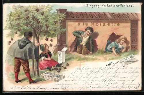 Lithographie Reklame Chocolat Frey, Eingang in`s Schlaraffenland