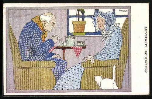 Künstler-AK sign. Harald: Reklame Chocolat Lombart, Altes Paar sitzt zusammen an einem Tisch