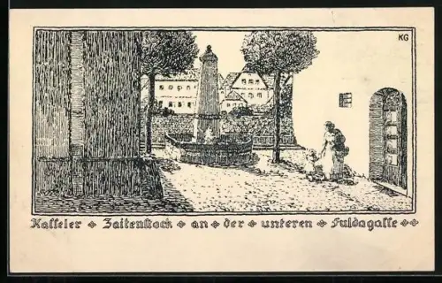 Künstler-AK Kassel, Zaitenstock an der unteren Fuldagasse, Nagelung