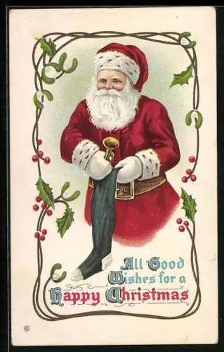 AK Weihnachtsmann mit Strumpf und Musikinstrument