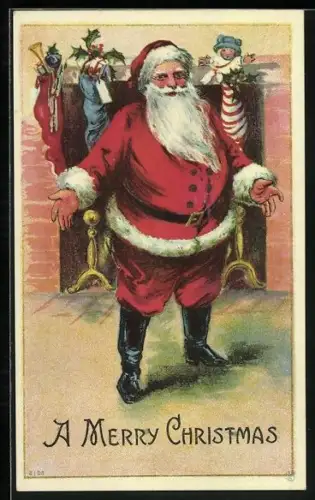 Künstler-AK Weihnachtsmann steht lächelnd vor dem Kamin