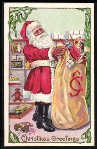 AK Weihnachtsmann mit Sack voller Geschenken