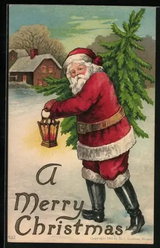 AK Weihnachtsmann stapft durch den Schnee, mit Weihnachtsbaum und Laterne