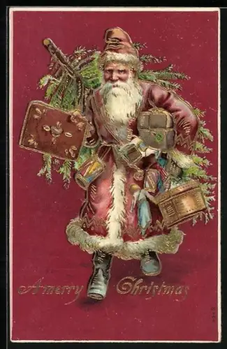 AK Weihnachtsmann mit Geschenken und Lebkuchen