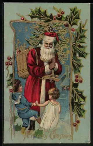 AK Weihnachtsmann, Kinder tanzen um die Geschenke und den Baum