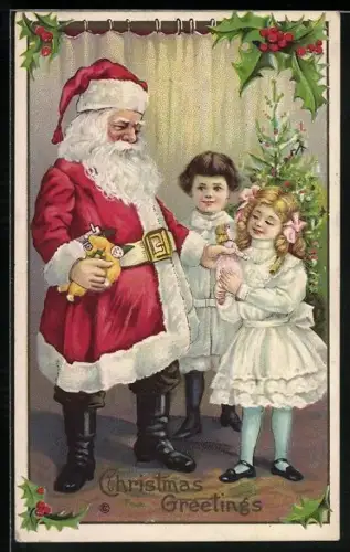 Künstler-AK Weihnachtsmann beschenkt glückliche Kinder