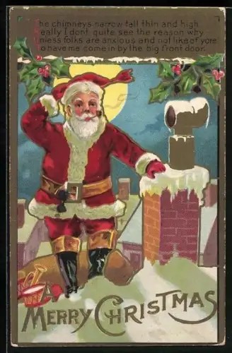 Künstler-AK Weihnachtsmann steht Pfeife rauchen auf einem Dach, Merry Christmas