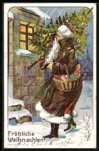 AK Weihnachtsmann mit Geschenkkorb und geschmücktem Tannenbaum