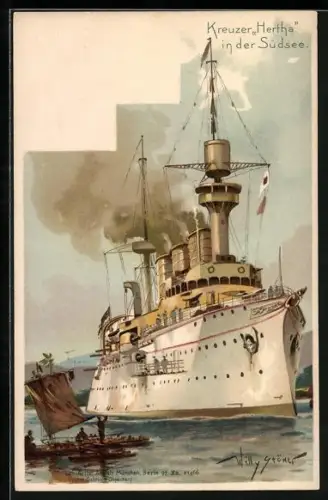 Künstler-Lithographie Willy Stoewer: Kreuzer Hertha in der Südsee, Ostasiengeschwader