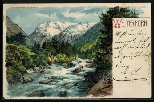 Lithographie Wetterhorn, Blick auf das Massiv, Mondsichel und Alpenglühen, Halt gegen das Licht