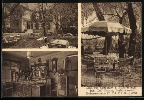 AK Berlin-Karow, Restaurant zum Karpfenteich, Inh. Carl Neutag, Hubertusdamm 17