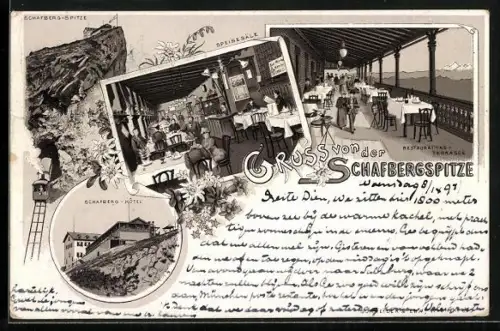 Lithographie Schafberg, Schafberg-Hotel, Restaurant mit Terrasse, Speisesaal