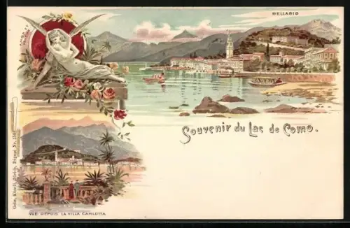Lithographie Bellagio, Panorama generale, Vue Depuis la Villa Carlotta, Amor et Psyche, Boote