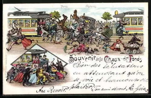 Lithographie Chaux-de-Fonds, Chaos mit Strassenbahnen, Kutsche und Fahrrädern
